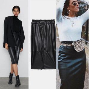 Zara Black Faux Leather Skirt With Gold Buttons, NWT, S